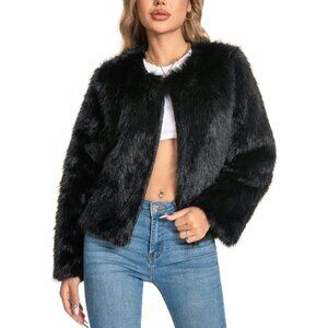 Plus Size Faux Fur Winter Coat with Pockets, Fluffy Jacket